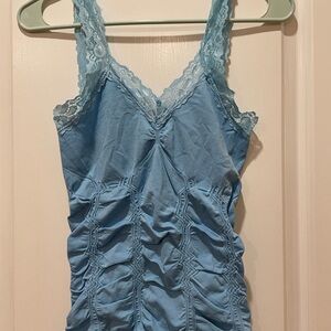 F&F Pretty Elastic Blue Lace Trimmed Ruched Tank Top One Size